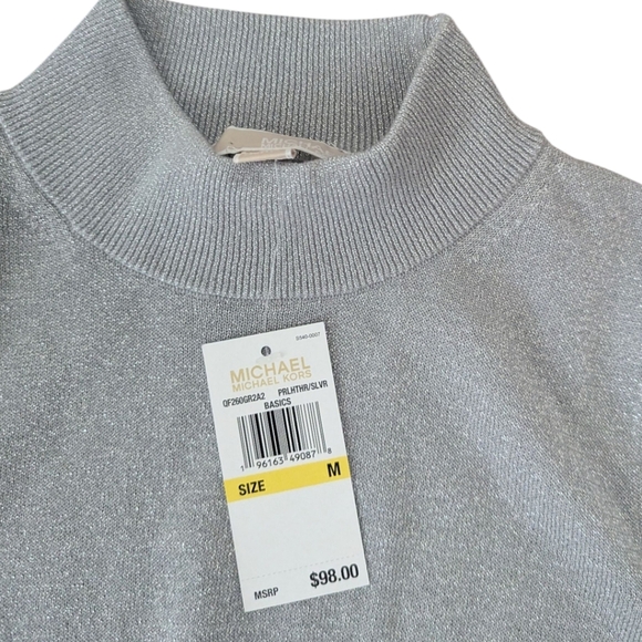 Michael Kors Lurex Silver Mock Neck Short Sleeve Sweater NWT Sz M - Picture 5 of 7